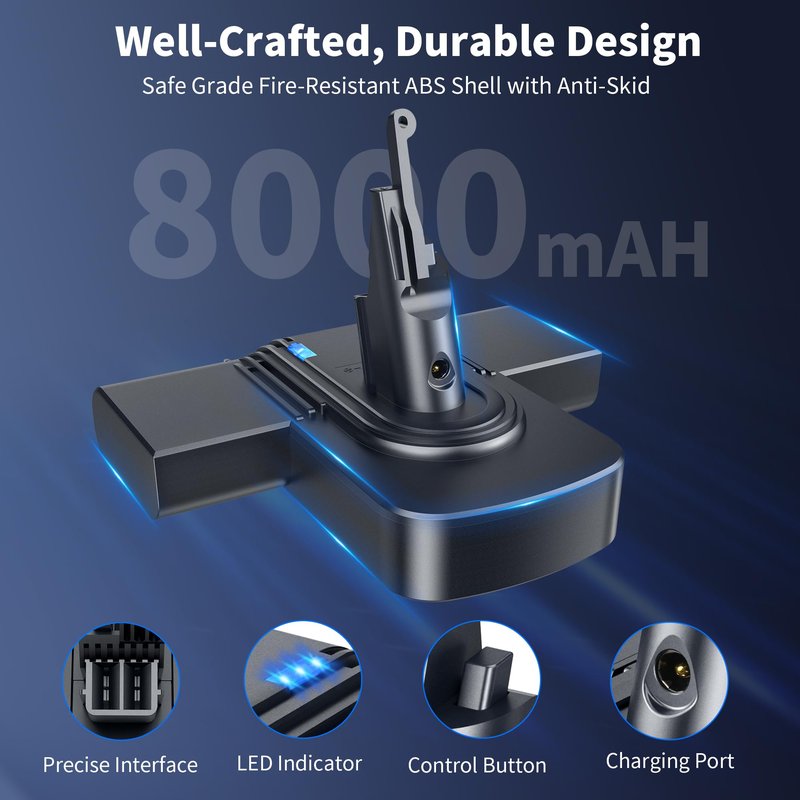 OLINDR 8000mAh Replacement Battery for Dyson V8 | 21.6V Li-ion Battery | Compatible with Dyson SV10 V8 Animal/Absolute/Fluffy/Motorhead/Carbon Fiber Cordless Handheld Vacuum Cleaners