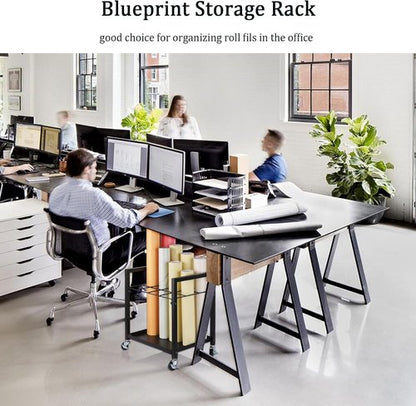 Blueprint Storage Rack - Metal Blueprint Holder Cart with Wheels | 12 Slots for Home & Office (Black)
