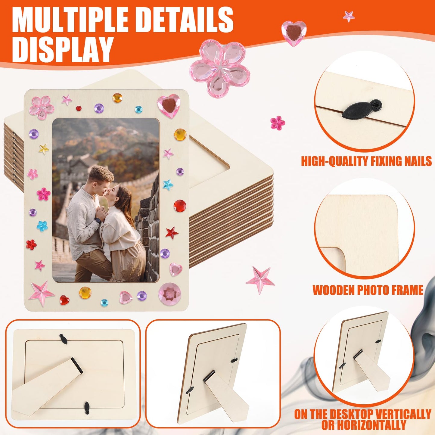 HOFURME 26 Pcs Unfinished Wooden Picture Frame Painting Craft Kit, 10 Pcs 4 x 6 Inch DIY Wooden Picture Frames with 12 Pcs Painting Color Pen and 4 Sheets Crystal Diamond Stickers for DIY Craft