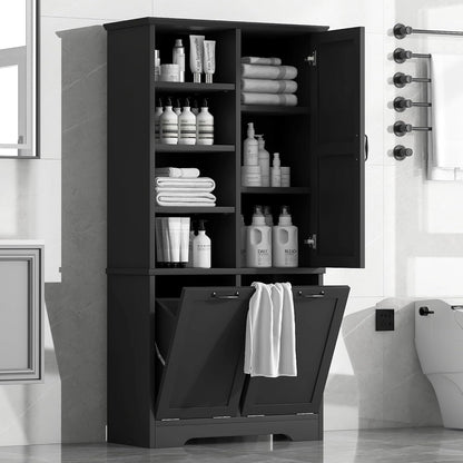Virubi Tall Laundry Cabinet with 2 Tilt Out Laundry Hamper, Wood Bathroom Storage Cabinet with Doors and Adjustable Shelves Freestanding (Black)