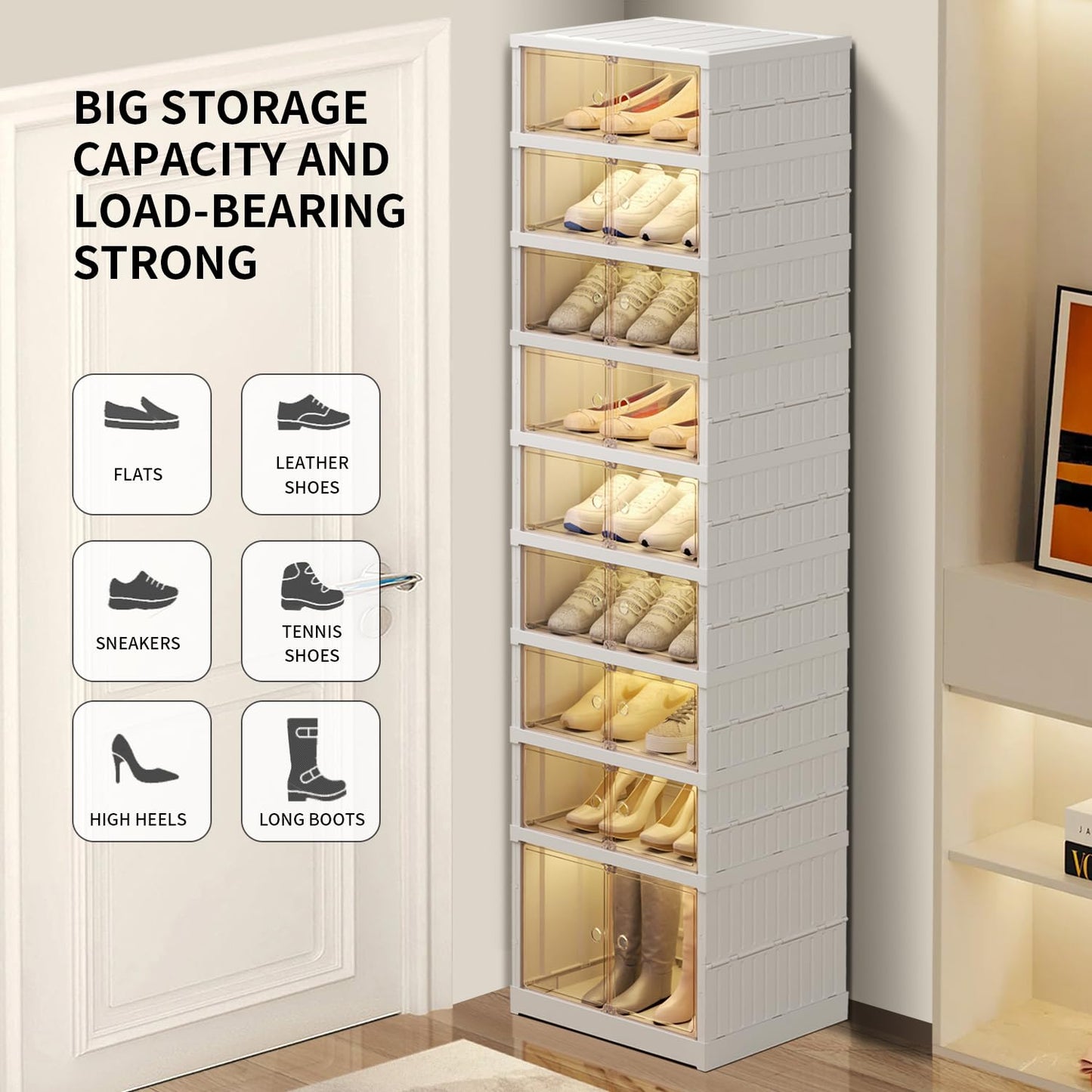 CIMLORD 9-Tier Foldable Shoe Rack Organizer for Closet 18Pairs Plastic Shoe Shelf Collapsible Shoes Storage Box Clear Shoe Boxes Stackable with Door Easy Assembly Shoe Cabinet with Lids Large