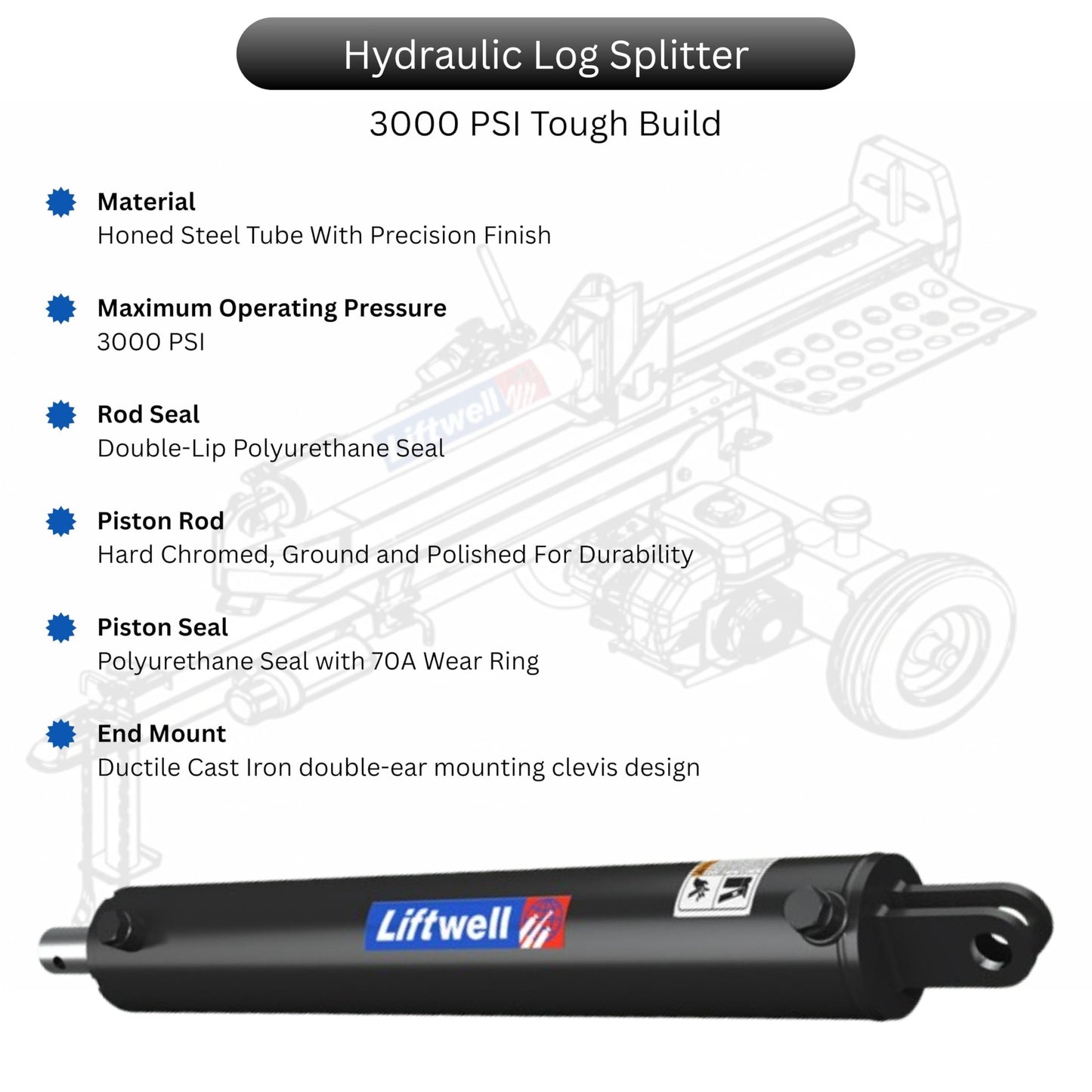 4x24 Hydraulic Log Splitter Cylinder – 4" Bore x 1.75" Rod x 24" Stroke with 1/2" NPT Ports, Welded Double Acting Hydraulic Cylinder for Wood Splitters – Heavy-Duty Log Splitter Cylinder 4x24