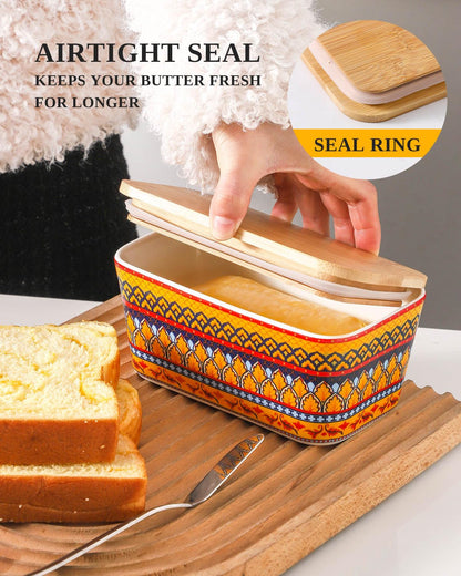 JINGUS Butter Dish, Large Ceramic Bohemian Butter Dish with Lid for Countertop, Airtight Butter Container Holder Keeper Box Storage with Bamboo Cover and Silicone Ring for East West Coast