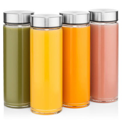 Juice Bottles - 4 Pack Wide Mouth Glass Bottles with Lids - for Juicing, Smoothies, Infused Water, Beverage Storage - 16oz, BPA Free, Stainless Steel Lids, Leakproof, Reusable, Borosilicate