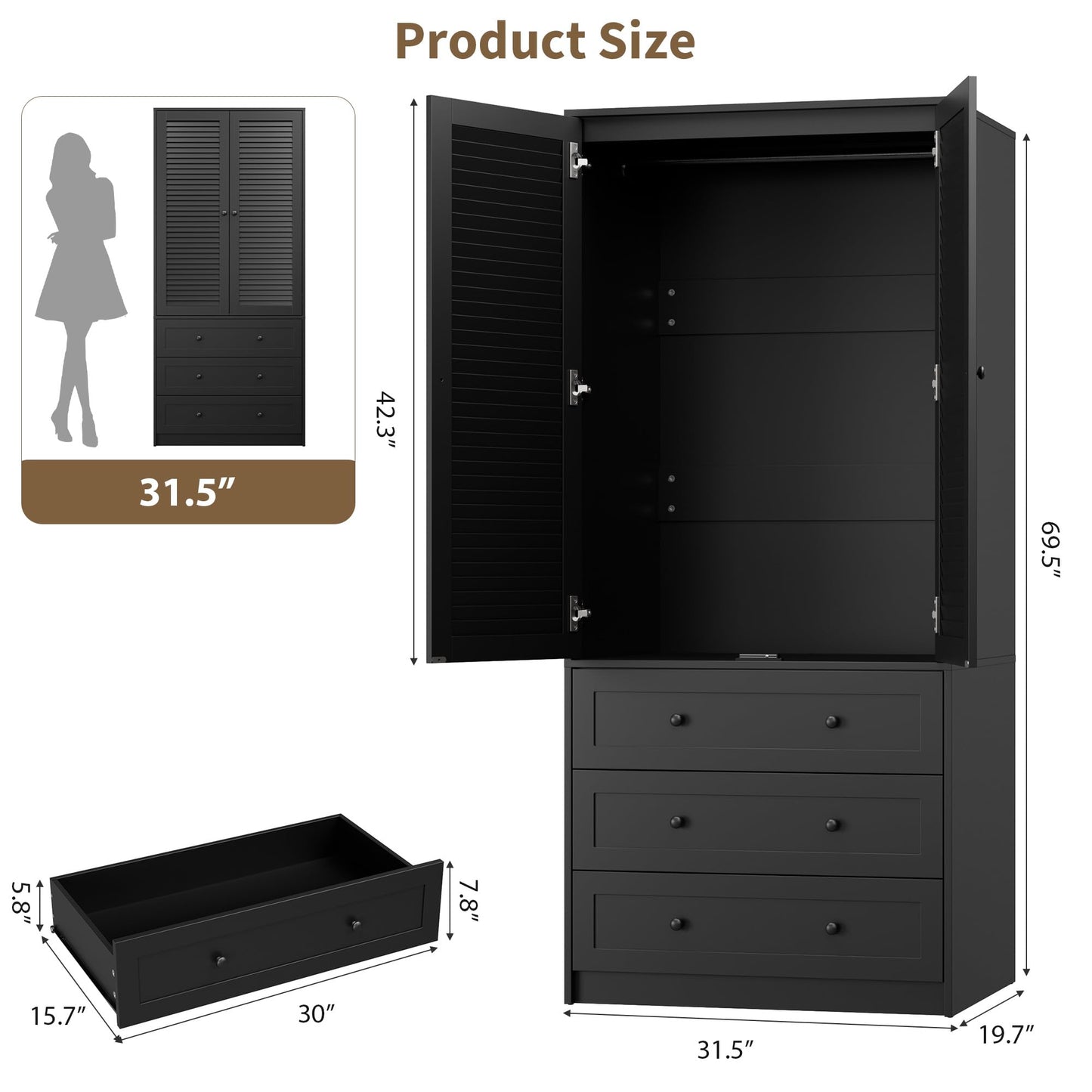 GarveeHome Armoire Wardrobe Closet with 3 Drawers, 69.5" Wooden Wardrobe Cabinet, Hanging Rod, 2 Doors Clothing Storage Cabinet for Bedroom, Large Capacity Storage, Louvered Door, Black