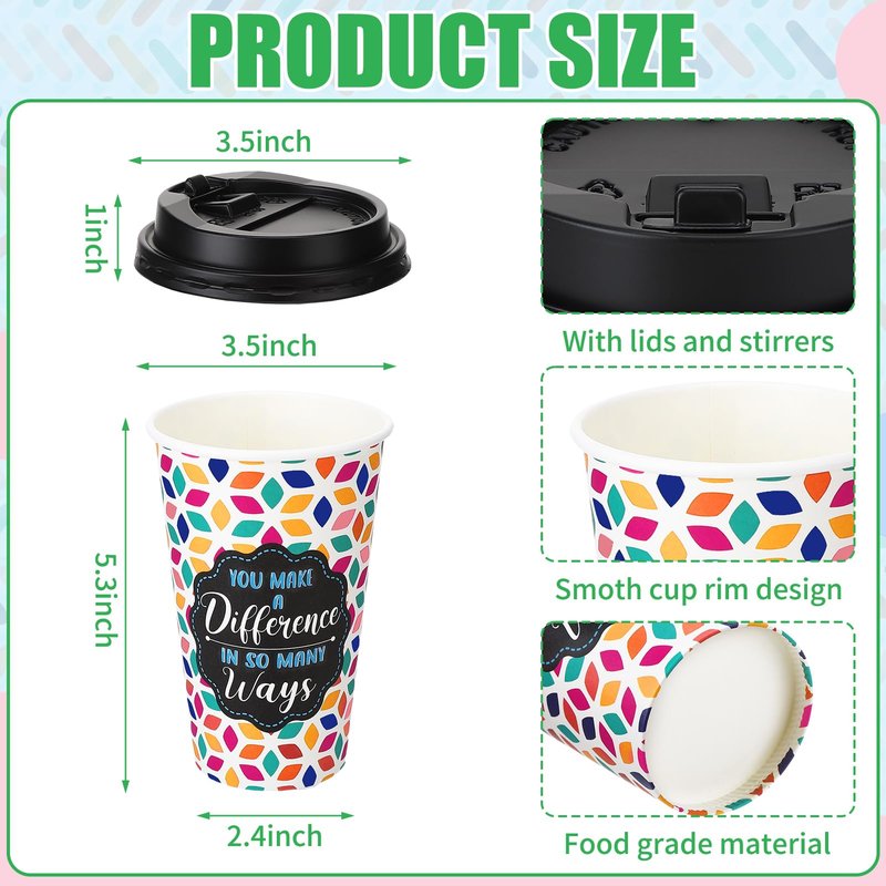 Ovveroche 50 Pack 16 oz Disposable Coffee Cups with Lids,5 Motivational Encouragemen Positivity Paper Hot Cups for Hot and Cold Beverages,Coffee,Tea,Water,Juice