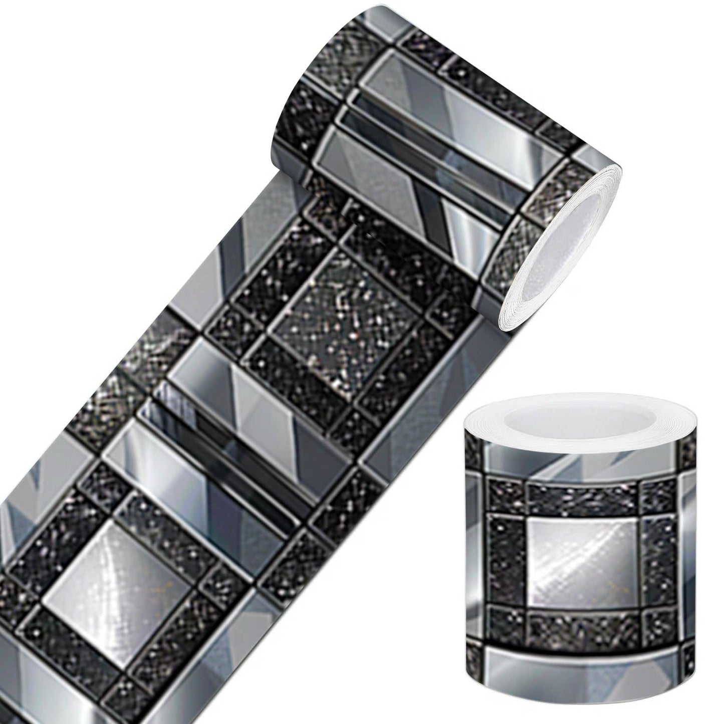 IVN Wallpaper Border Peel and Stick Wall Black and Silver Mosaic Decorative Wall Trim Self Adhesive Border for Walls Mirror Frame Accent Strip for Bedroom Kitchen LivingRoom 4x196 Inch