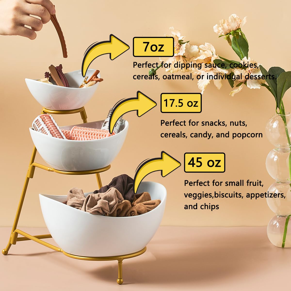 LYEOBOH 3 Tier Serving Bowls Set Tiered Serving Stand, Porcelain Oval Bowls with Collapsible Metal Stand for Entertaining, Party, Dessert Display, Candy, Chip and Dip (Gold)-45oz / 17.5oz / 7oz