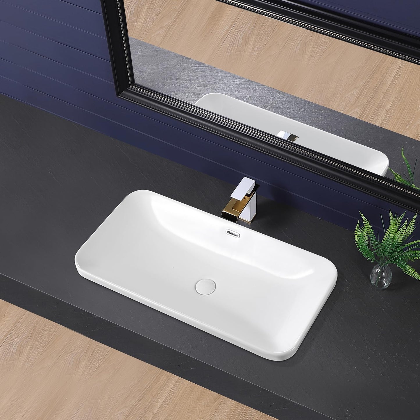 KMOEM Vessel Sink 32"x17" Semi Recessed Bathroom Sink Drop-in Bathroom Sink Support Dual Faucet Installation White Porcelain Ceramic Modern Rectangular Vanity Sinks with Overflow