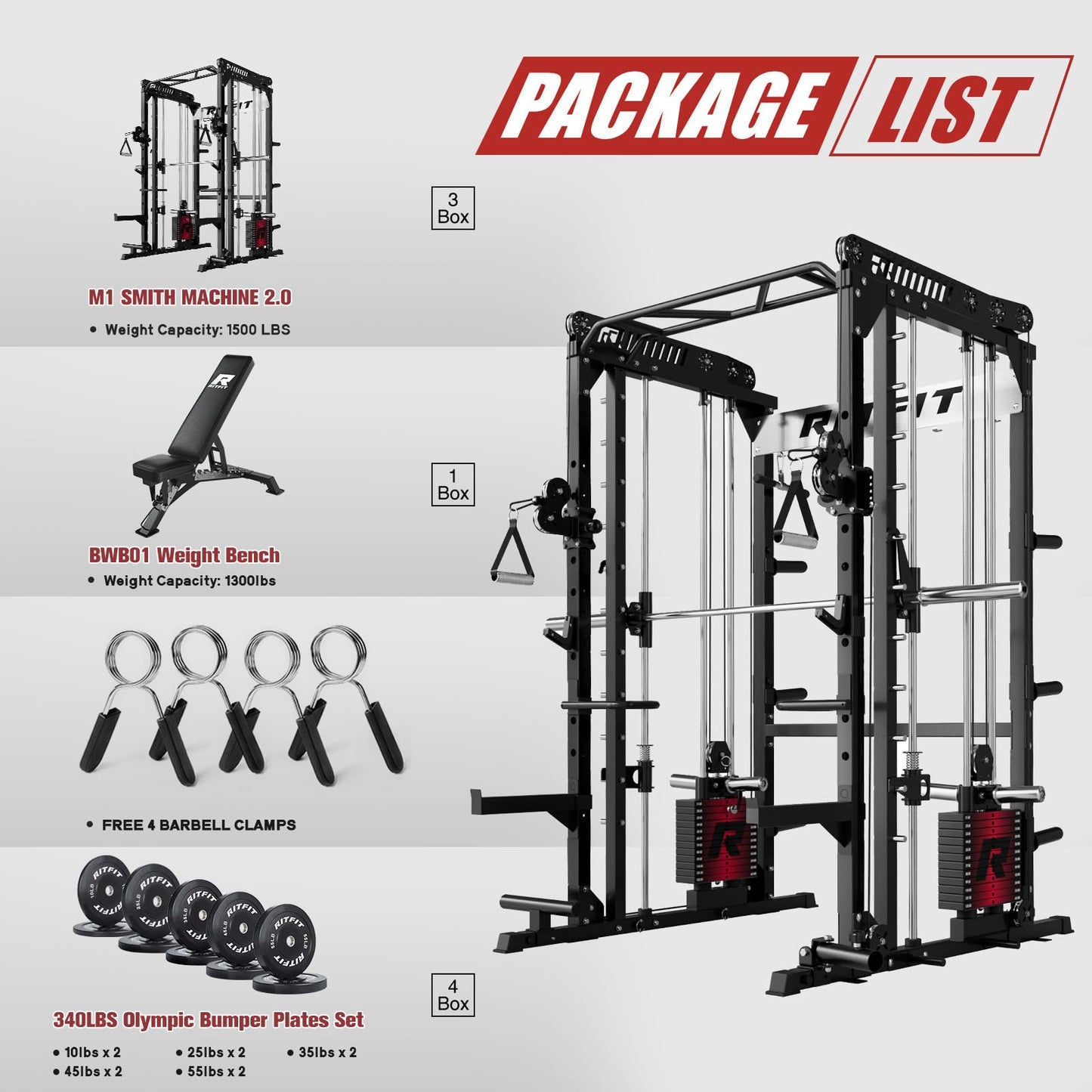 RitFit M1 Pro Smith Machine Package, All-in-One Power Cage with Weight Stack Set, Includes LAT Pulldown & Cable Crossover System for Home Gym