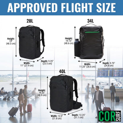 COR Surf Carry On Travel Backpack Bundle | Island Hopper Travel Backpack with Toiletry Bag and Compression Packing Cube Set (28L, Black)