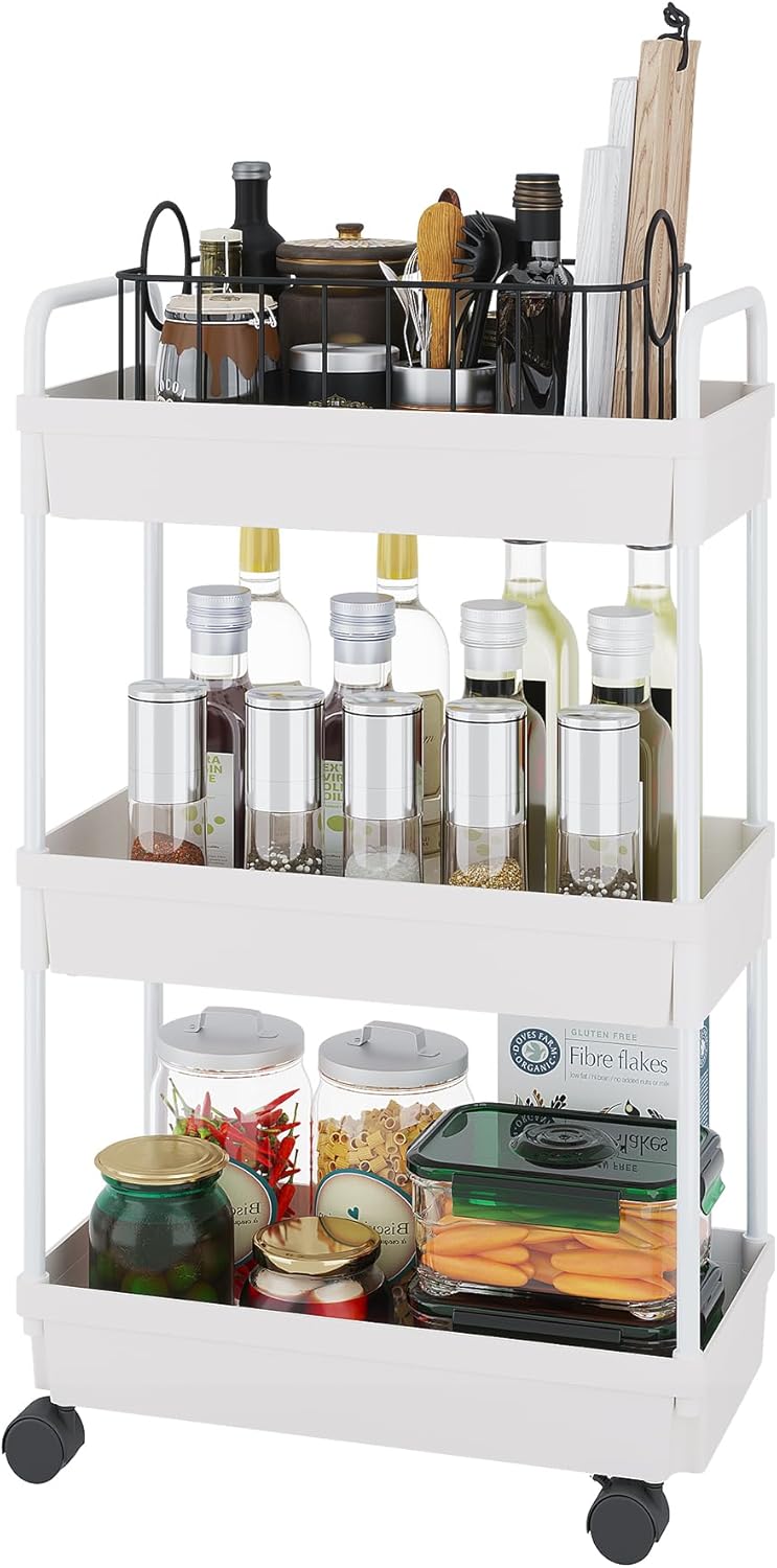 Rolling Storage Cart | 3 Tier Organizer Mobile Shelving Unit with Wheels for Kitchen, Bathroom, Laundry, White