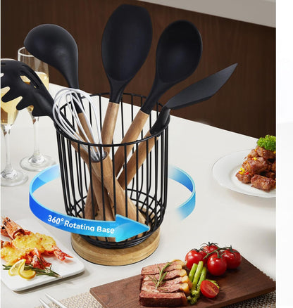 Utensil Holder for Kitchen Counter, Large Rotating Utensils Caddy for Farmhouse Cooking, Spatula Holder (Metal + Bamboo)