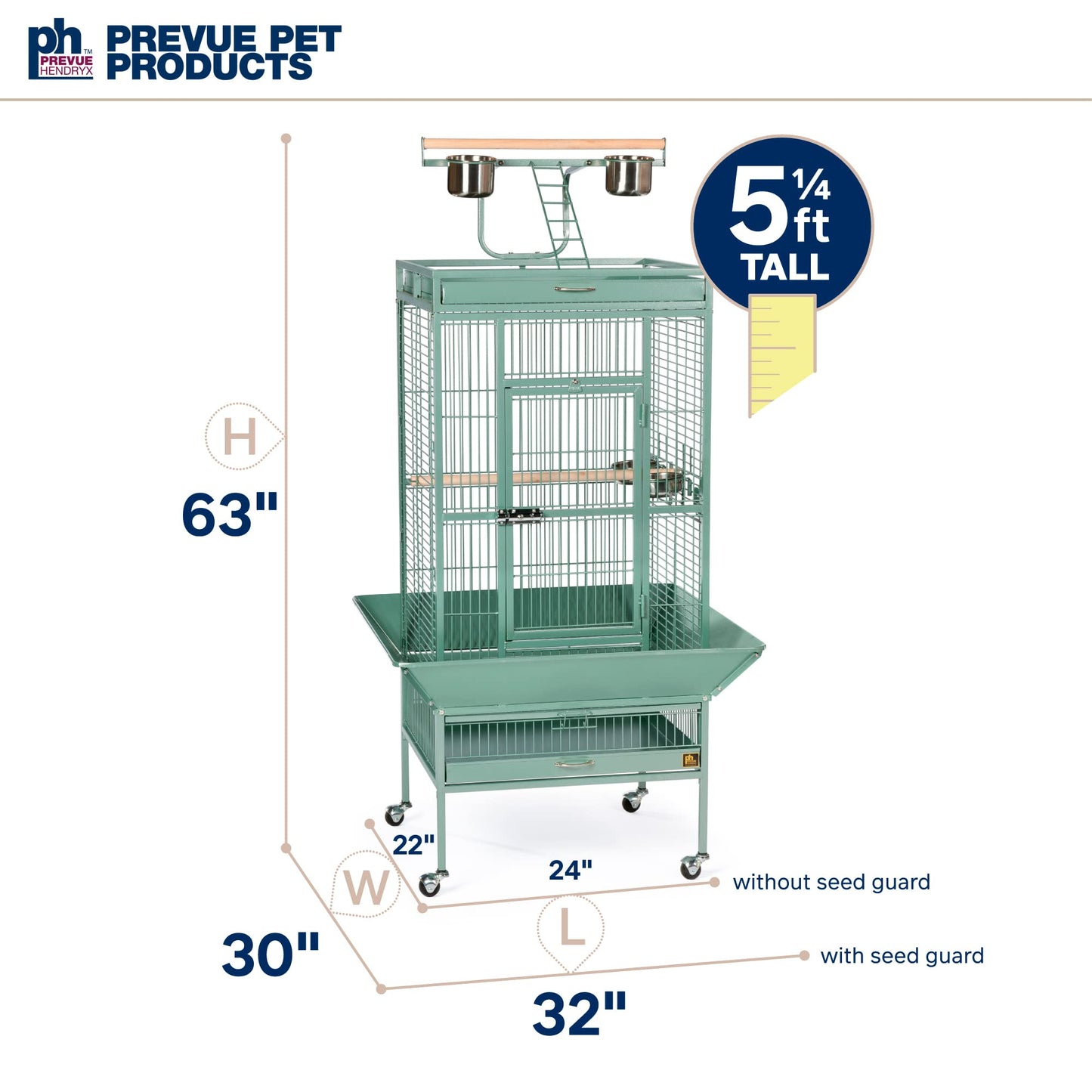 Prevue Pet Products Wrought Iron Select Bird Cage - Large Steel Cage with Rolling Stand, Seed Guards, and Playtop, Durable Design, Ideal for Conures and Medium Birds - Sage Green