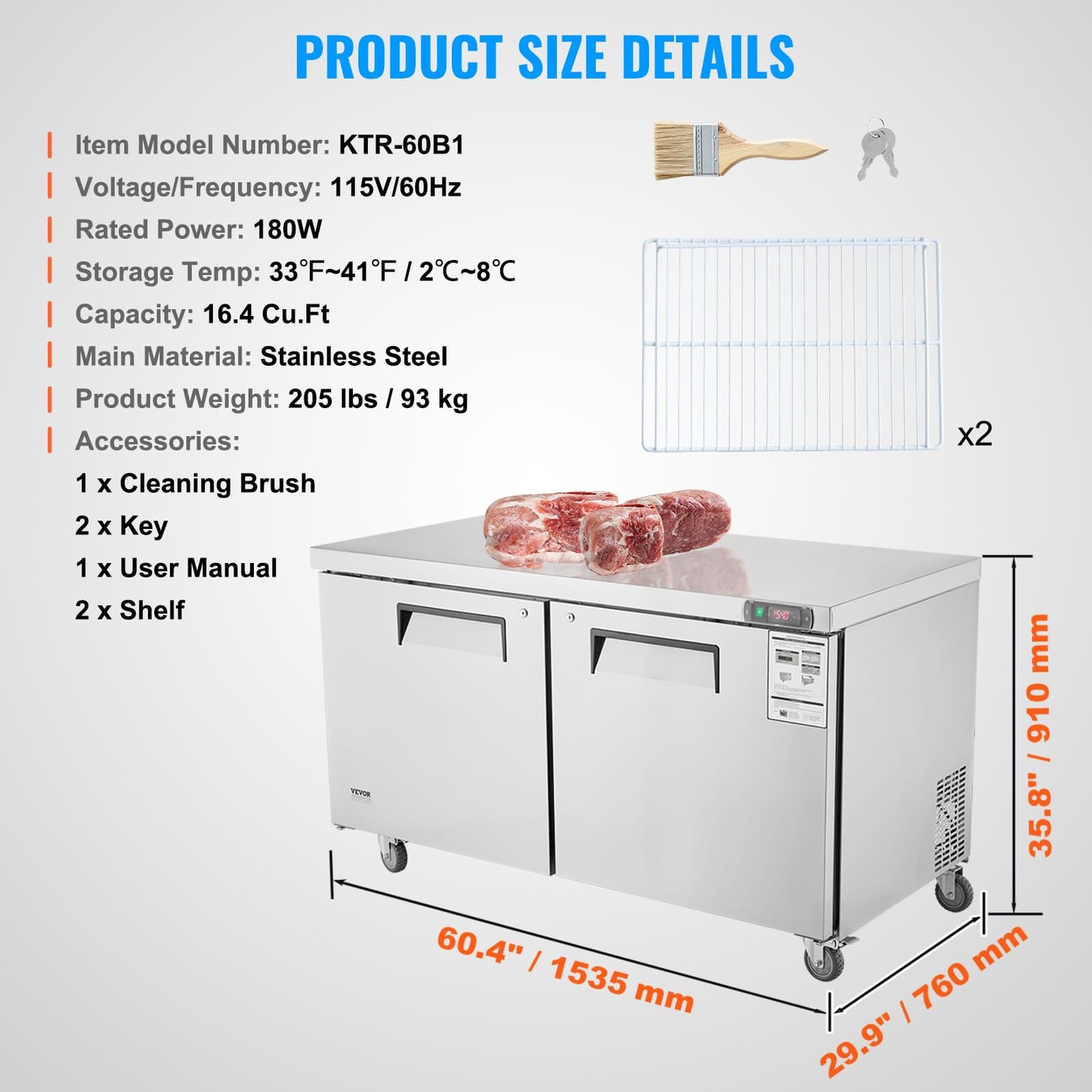 VEVOR 60" Commercial Refrigerator Sandwich & Salad Prep Table, 16.4 Cu. Ft Stainless Steel Refrigerated Food Prep Station with 2 Doors, Frost Free Refrigerator with Lock for Restaurant, Bar, Store