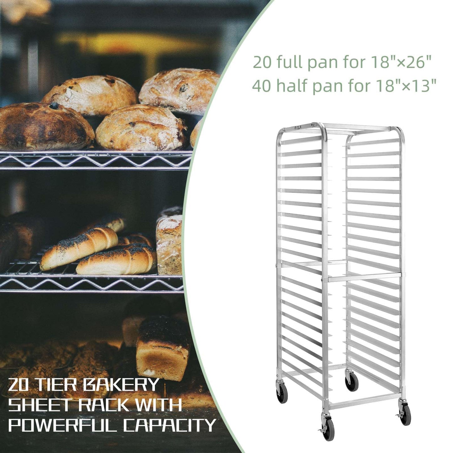 HALLY SINKS & TABLES H Bun Pan Rack 20 Tier with Wheels, Commercial Bakery Racking of Aluminum for Full & Half Sheet - Kitchen, Restaurant, Cafeteria, Pizzeria, Hotel and Home, 26" L x 20" W x 69" H