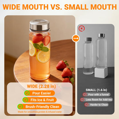 Cafezi 16 oz Wide Mouth Glass Juice Bottles with Stainless Steel Lids, Leakproof, Airtight, Reusable, Dishwasher Safe, Cup Holder Friendly, Brush Included, for Juicing, Smoothie, Infused Water, 4 Pack