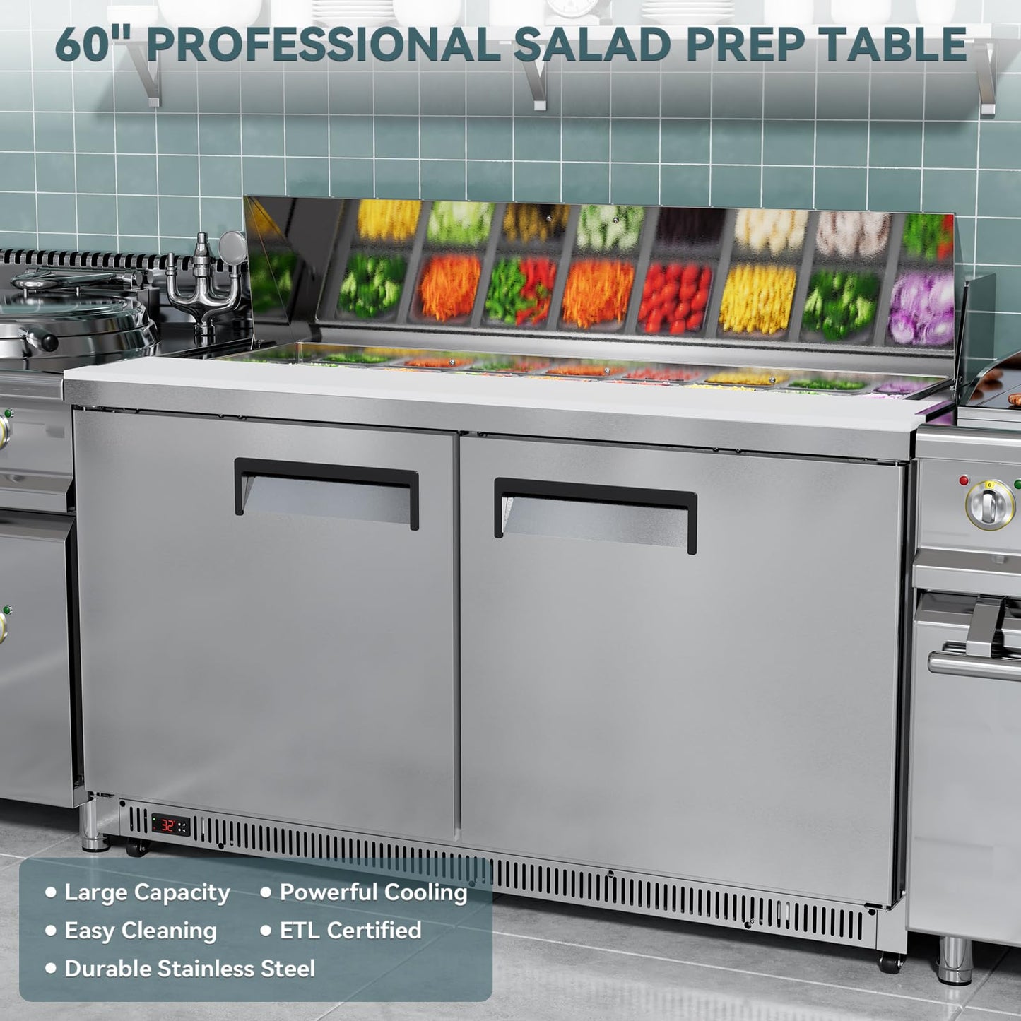 60" Commercial Sandwich & Salad Prep Refrigerator, 16.5 Cu.Ft Prep Table with 16 GN Pans, Stainless Steel Salad Bar Fridge with 60 Inch Cutting Board & Wheels for Restaurant, Catering, Food Truck