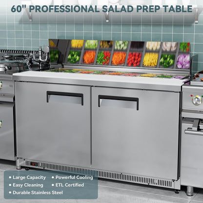 60" Commercial Sandwich & Salad Prep Refrigerator, 16.5 Cu.Ft Prep Table with 16 GN Pans, Stainless Steel Salad Bar Fridge with 60 Inch Cutting Board & Wheels for Restaurant, Catering, Food Truck