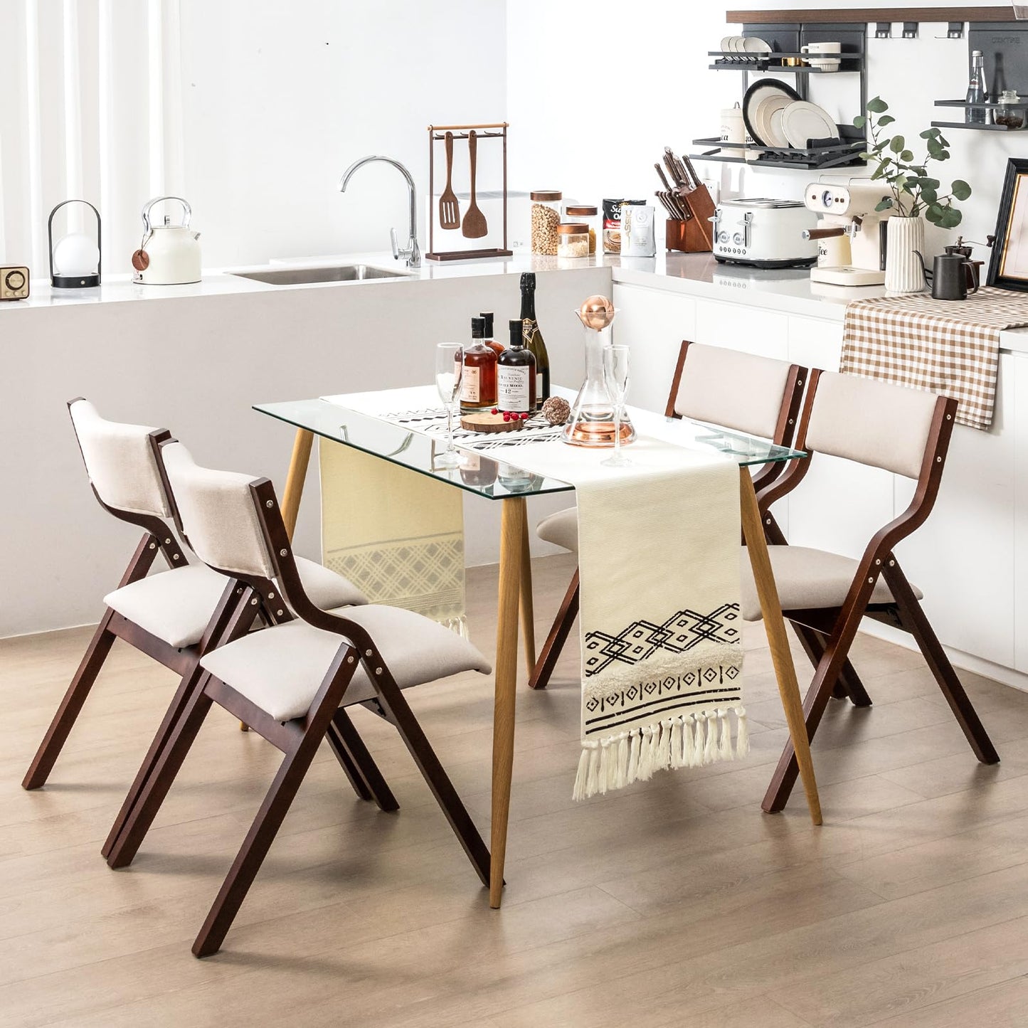 Giantex Folding Dining Chairs Set of 4, No Assembly Folding Chairs w/Linen Padded Seats, Wood Foldable Kitchen Chairs, Easy to Store Extra Event Chairs, Padded Folding Chair for Wedding Guests Party