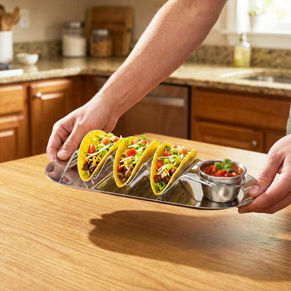 Fernlandia Taco Holders Set of 2 - Stainless Steel Taco Stand Rack with Tray, Sauce Cups & Spoon, for Party, Dishwasher Safety