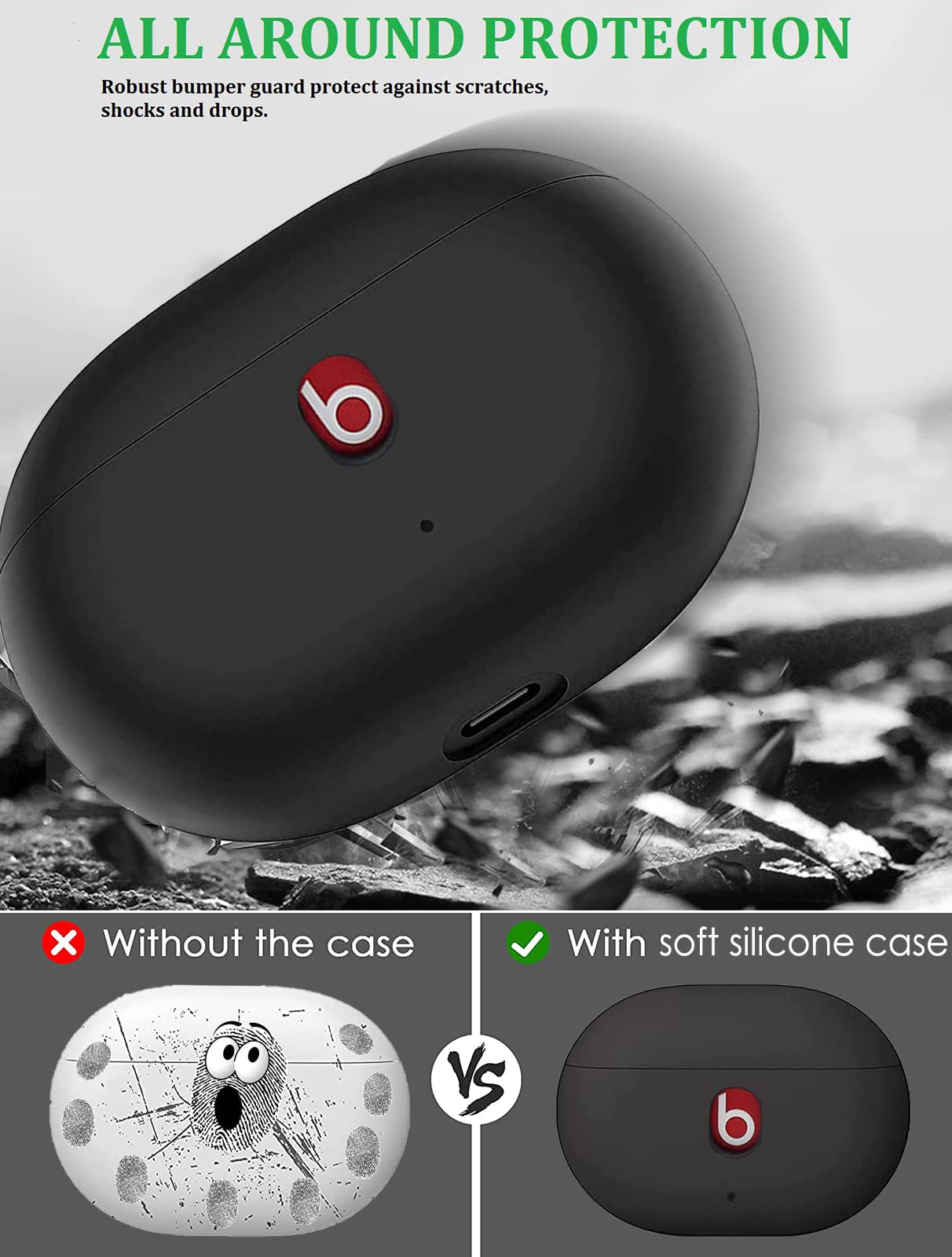 Olytop for Beats Studio Buds/Bud + Case with Cleaner kit 2021/2023, Soft Silicone Case for New Beat Studio Buds Plus Cover Protective Skin with Keychain, Cleaning Pen for Beat Studio Earbuds, Black