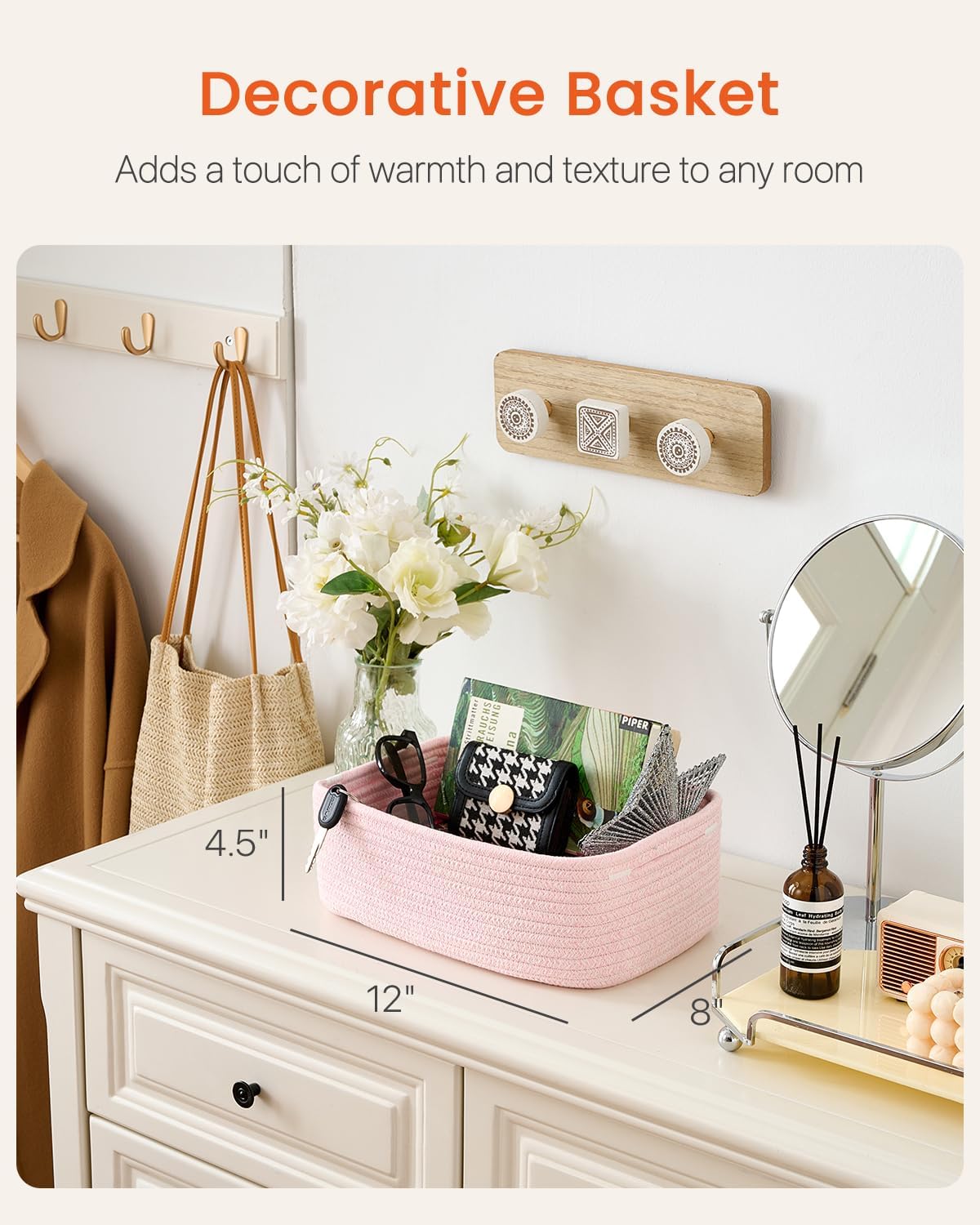 12 8 4.5 Inches, Closet 3 Pack Small Woven Basket, x x Storage Basket for Organizing, Cute Small Rope Shelf Cube