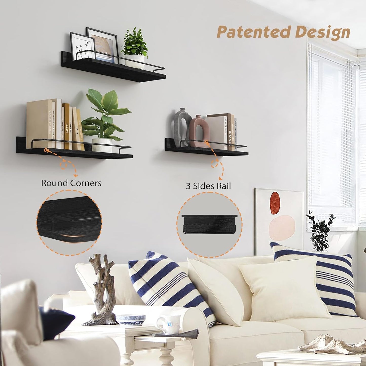 17 Inch Long-Set 3 Forbena Black Floating Shelves for Wall, Bahtroom Wall Shelves Over Toilet, Rustic Hanging Shelf