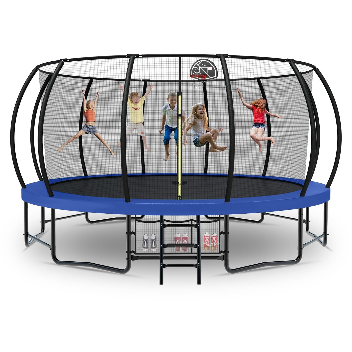 Tatub 16FT Upgrade Pumpkin Trampoline for Kids and Adults, Outdoor Recreational Trampolines with Basketball Hoop & Enclosure Net, Curved Poles & Storage Bag, Blue