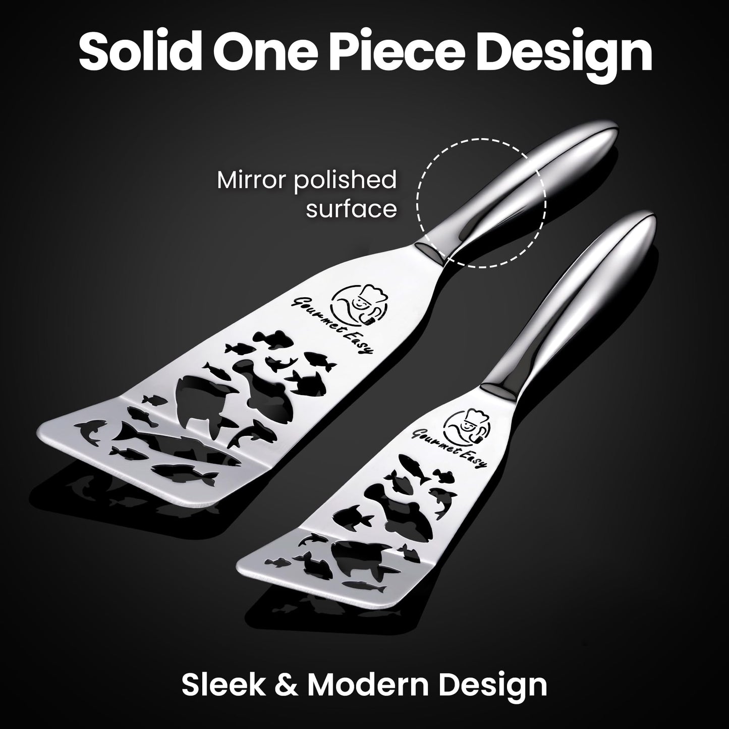 Stainless Steel Fish Spatula Set – Funky Fish Edition, 1 Large Fish Turner + 1 Small Metal Spatula, Ultra-Thin Edge for Easy Turning & Flipping, Ergonomic Non-Slip Handle, Dishwasher Safe