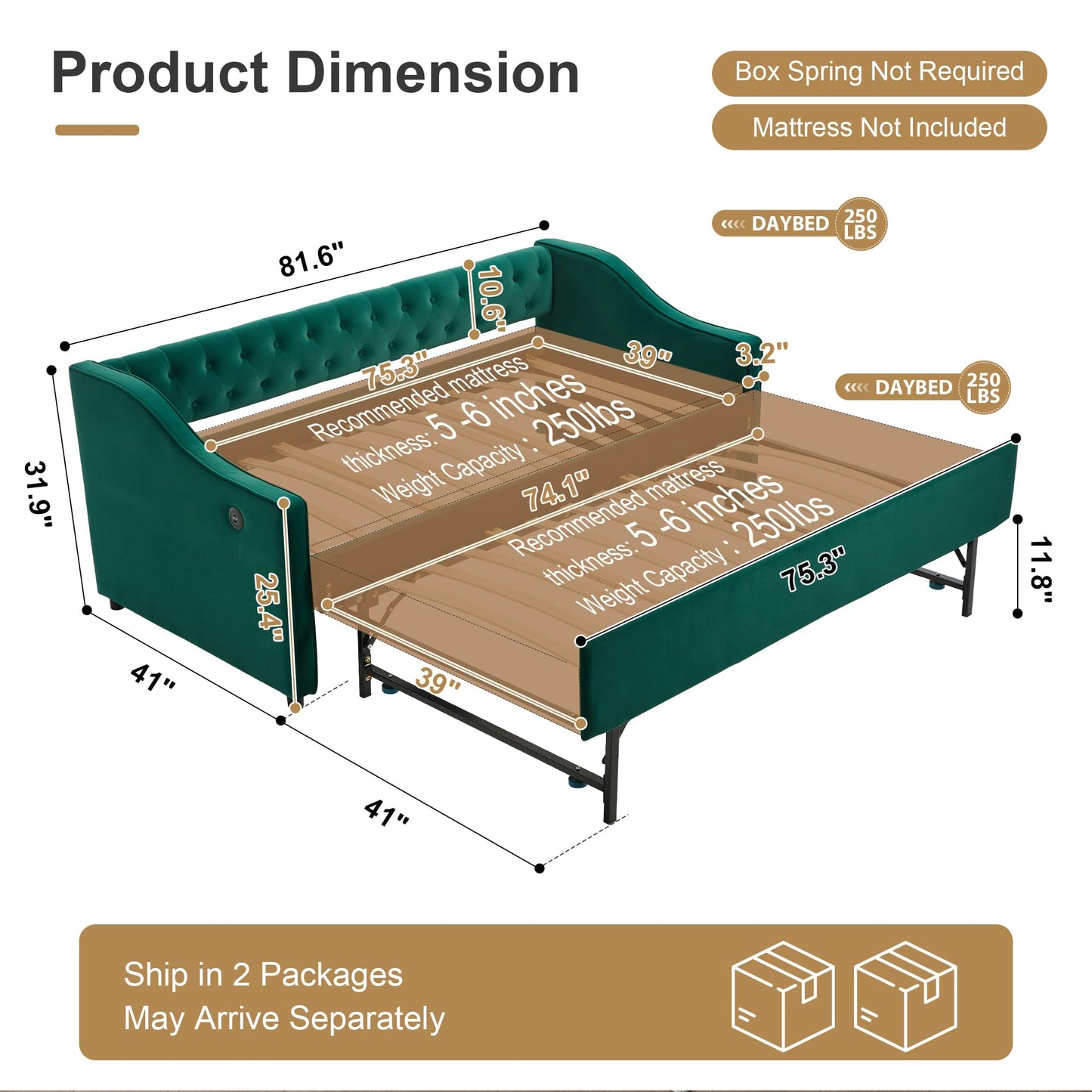 DNYN Button Tufted Design Daybed with Pop-up Trundle & USB Ports for Bedroom Guest Room, Space-Saving Twin Size Velvet Sofabed Frame with Side Storage Pockets, No Box Spring Needed/Easy Assemble