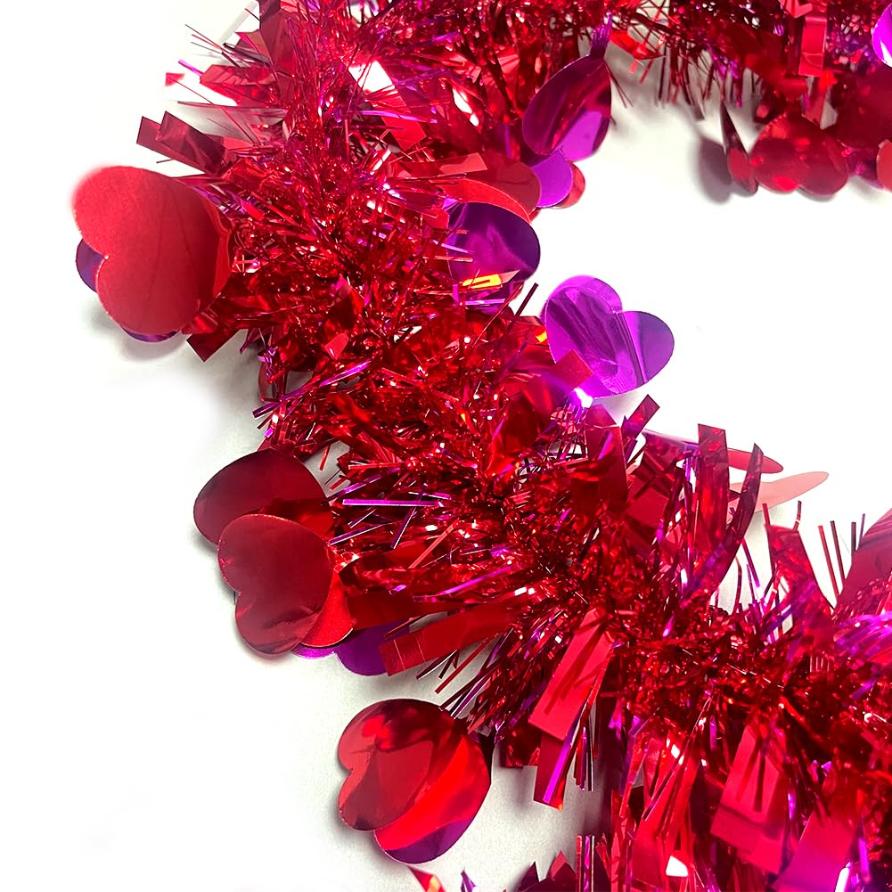 Valentines Tinsel Garland - 33 Ft Rose Red Metallic Heart Shape Valentine's Day Garland Atmosphere Setup for The Confession Scene Tinsel Hanging Twist Hanging Decorations for Party Holiday Supplies