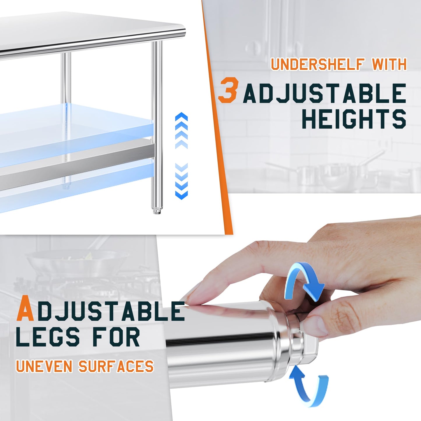 Albott 30x60 Inch Stainless Steel Work Table with Adjustable Undershelf, Heavy Duty Prep Table with Lower Shelf for Kitchen, Restaurant, Home and Commercial Use