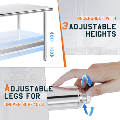 Albott 30x60 Inch Stainless Steel Work Table with Adjustable Undershelf, Heavy Duty Prep Table with Lower Shelf for Kitchen, Restaurant, Home and Commercial Use