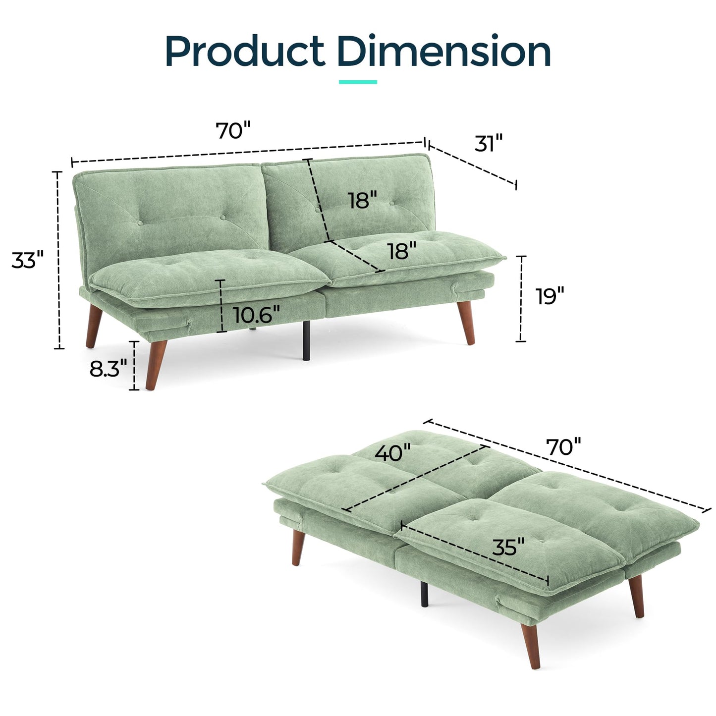 LINSY HOME Futon Sofa Bed, 70" Futon Couch with Adjustable Backrest and Armrest, Comfy Loveseat Convertible Folding Sleeper Sofa Couches for Small Spaces Living Rooms Apartment Office
