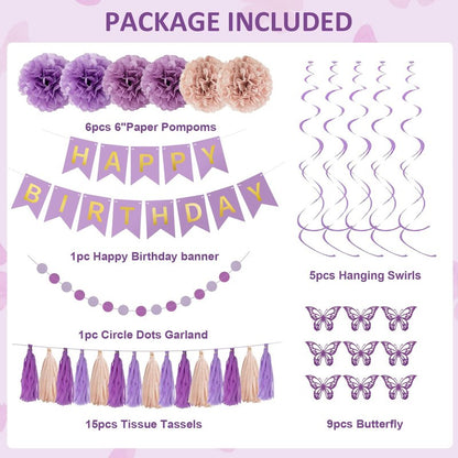 Dusty Purple Birthday Party Decorations, Lavender Pink Sand Confetti Rose Gold Balloons Happy Birthday Banner Fringe Curtains Butterfly Hanging Swirls Circle Dots Tassels Pompoms for Women Girls Party