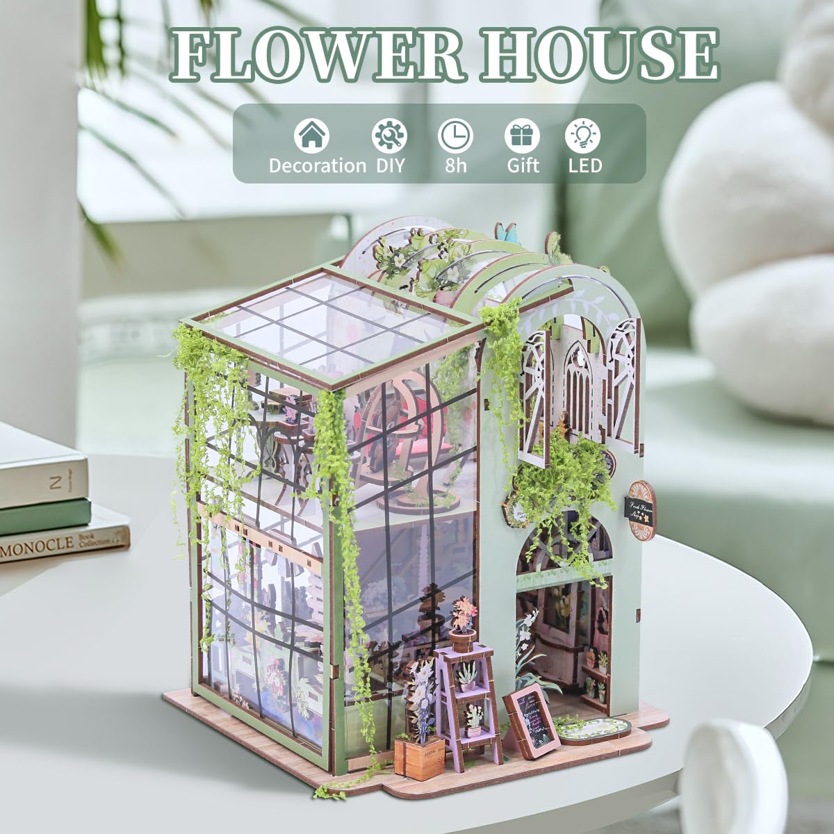 Miniature Flower House Kit, DIY Flower Dollhouse Booknook Making Set, 3D Wooden Puzzle Bookshelf Decor with Furniture for Adults & Teenagers