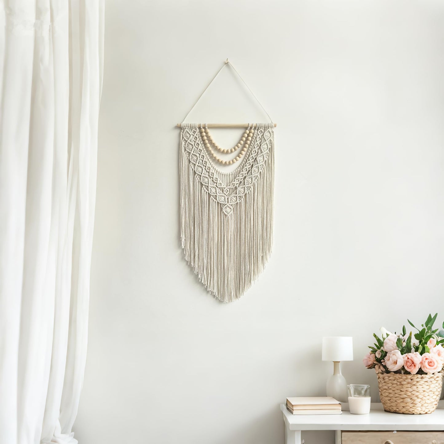 guzhiou Macrame Wall Hanging Boho Geometric Woven Tapestry Cotton Handmade Bohemian Art Decor with Wood Bead Wall Decor for Bedroom Living Room Apartment Nursery 31.5" L x 17" W (Wood bead-B)