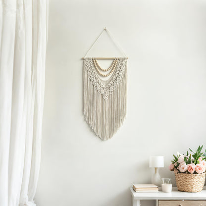 guzhiou Macrame Wall Hanging Boho Geometric Woven Tapestry Cotton Handmade Bohemian Art Decor with Wood Bead Wall Decor for Bedroom Living Room Apartment Nursery 31.5" L x 17" W (Wood bead-B)