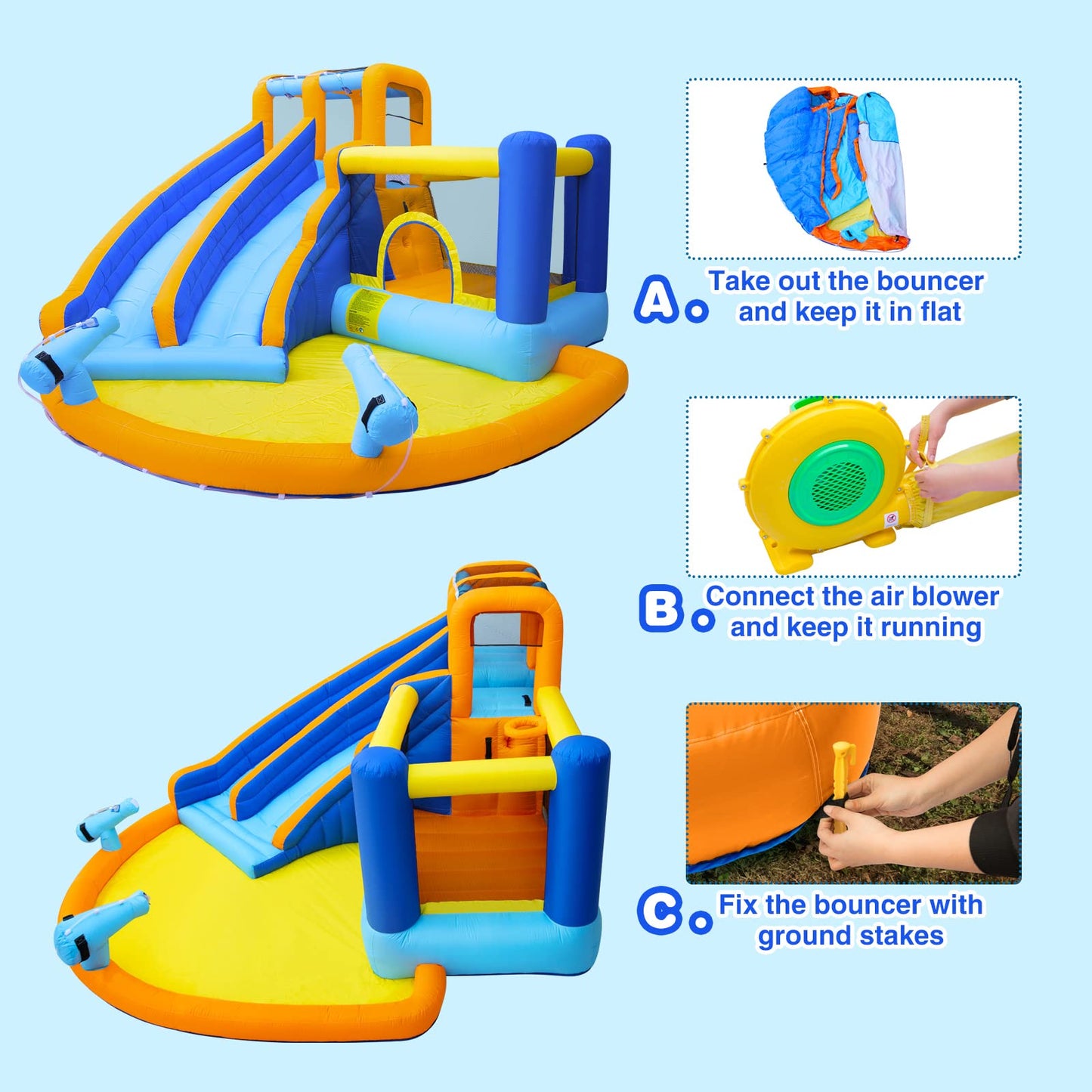 JOYLDIAS Inflatable Water Slide Bounce House,Giant Water Park, Double Slide Bouncer Castle w/Splash Pool, Jump Area, Climbing Wall, 550W Air Blower for Kids Backyard Indoor Outdoor Use,Free Water Gun
