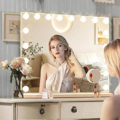 Hollywood Vanity Mirror with Lights, 15 Dimmable Bulbs, 3 Color Lights,Make Up Lighted Mirror, Aluminum Metal Frame, USB Charging Port（23" x 18"）