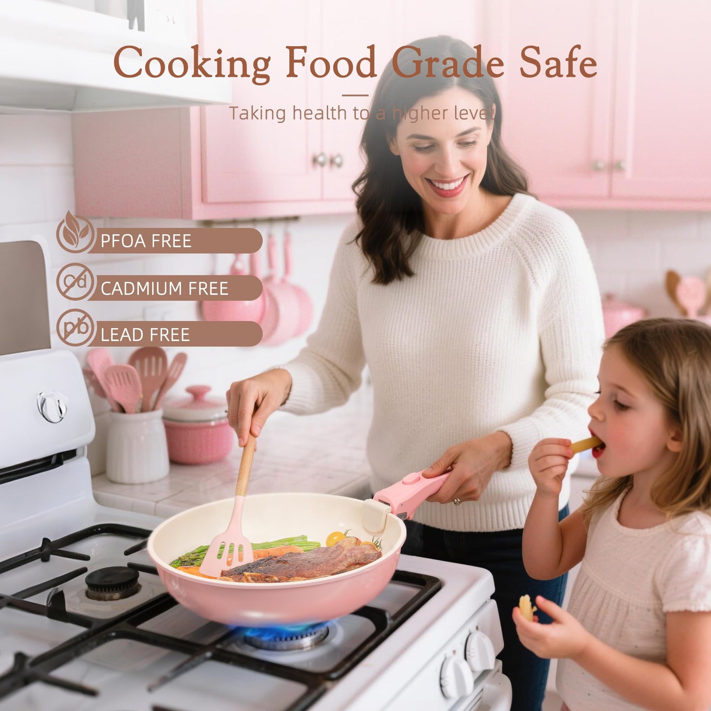 Astercook 21 Pcs Pots and Pans Set Non Stick, Ceramic Cookware Set Detachable Handle, RV Kitchen Cooking Set Removable Handles, Oven Safe, Induction Ready, Stackable, Pink, Mothers Day Gifts