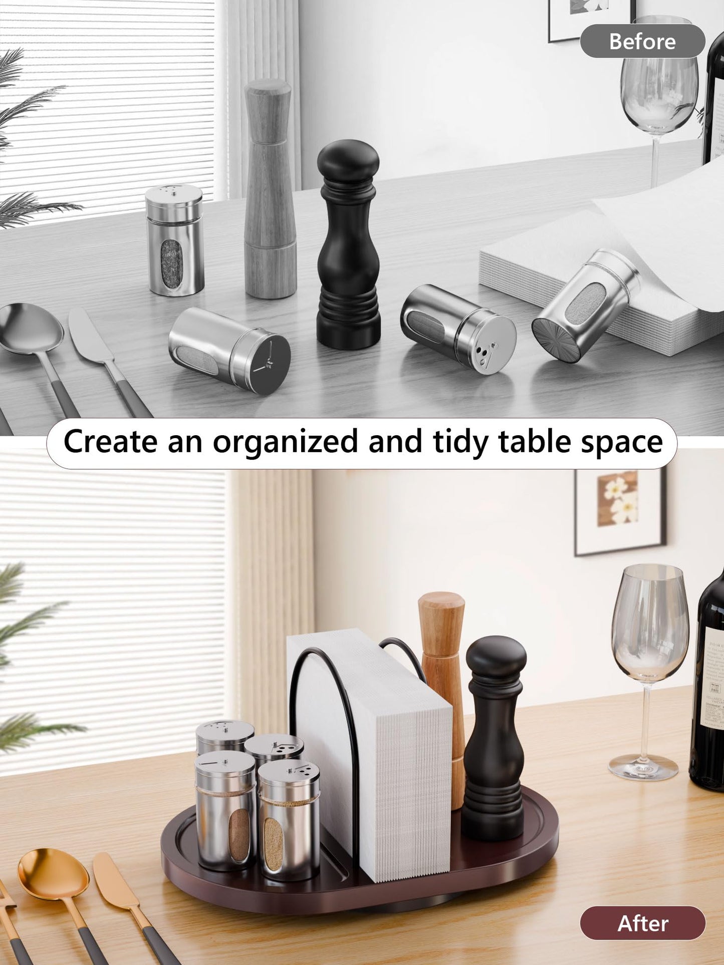 Primo Lines Rotating Napkin Holder for Table with Built-In Space for Salt and Pepper Shakers, Wooden Metal Caddy Rustic Table Organizer with 360 Degree Spin for Kitchen Decor and Accessories (Walnut)