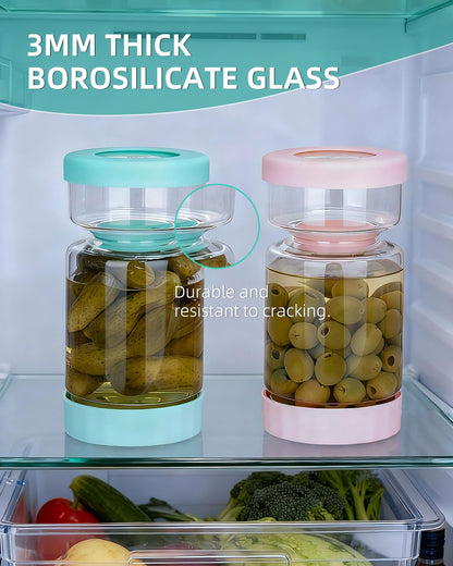 ZENS Pickle Jar with Strainer Flip, 37 oz Hourglass Pickle Juice Separator Container, Airtight Leakproof Lid, Dual Wet-Dry Design, Time Tracker Lid – 2 Pack Olive & Kimchi Jars