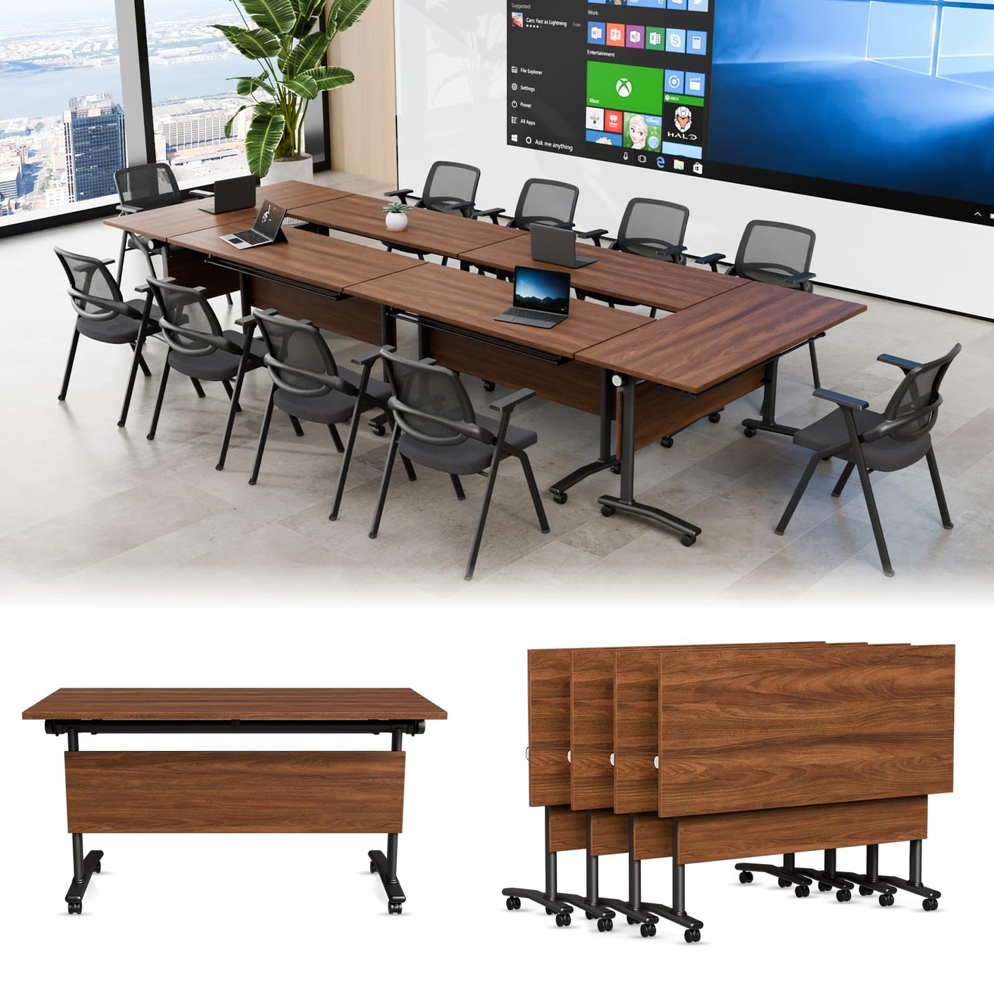 Flip-Top Folding Conference Table with Wheels, Modular Conference Room Table Training Room Tables, Mobile Meeting Tables for Office, Seminar Spaces, Classroom Desk, Locking Casters, Set of 2/4/6/8