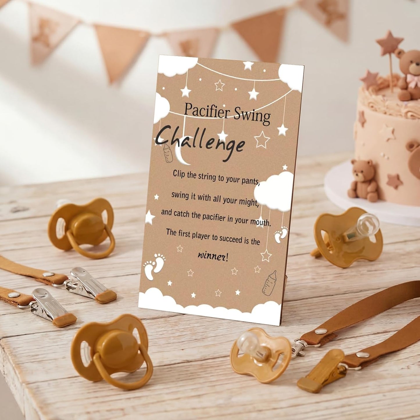12 Sets 1 12 Geelin Swing Pacifier Baby Shower Games Funny Gender Reveal Games, Include Wooden Sign and Plastic