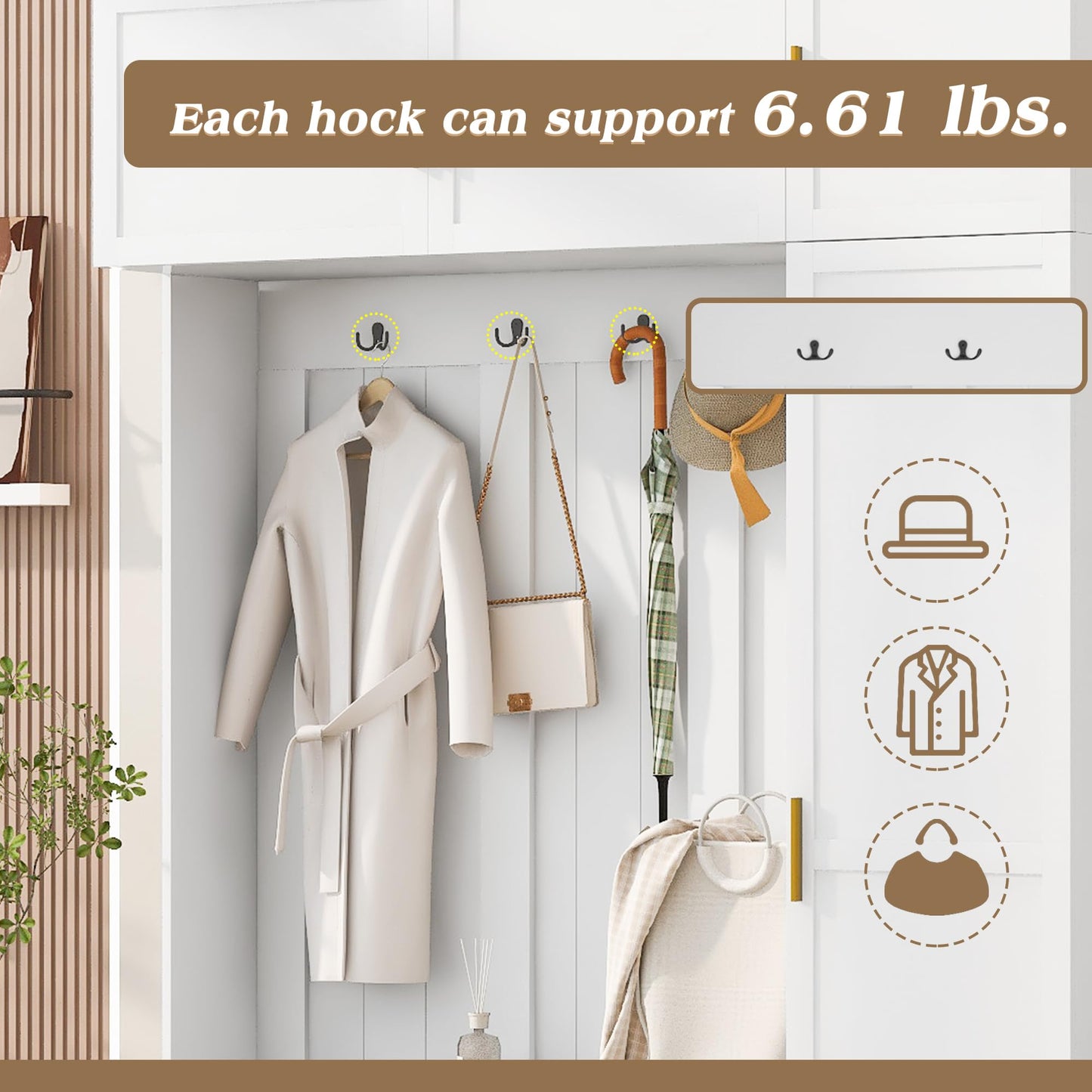 Amposei Modern Hall Tree with Shoe Storage Bench & Coat Rack, 79.72''H Tall Entryway Cabinet Organizer with 6 Doors, 4 Hooks & Padded Seat for Hallway Mudroom Living Room, White