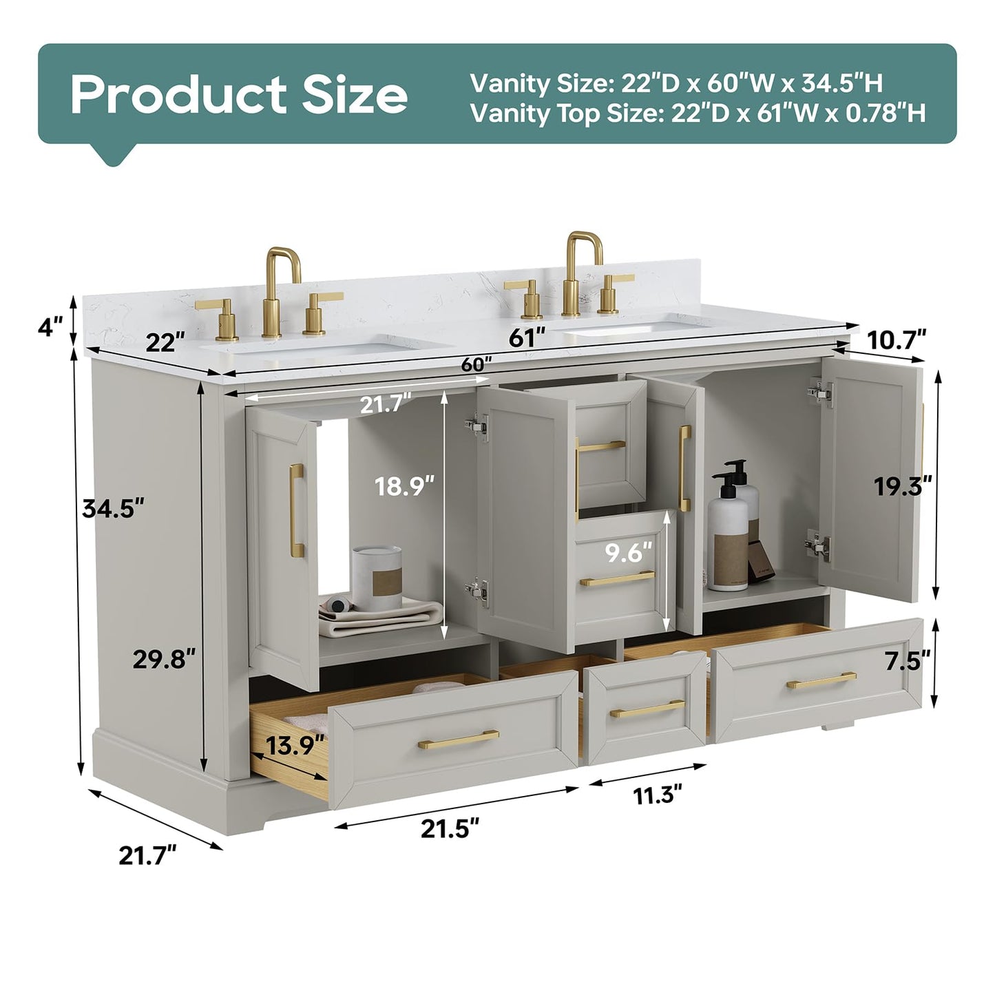 DELUXE LIVING 60 Inch Bathroom Vanity with Double Sink Combo, Solid Wood Frame with Mable Top &Backspalsh, Fully-Assembled with Soft-Closing Doors & 5 Drawers, Greige
