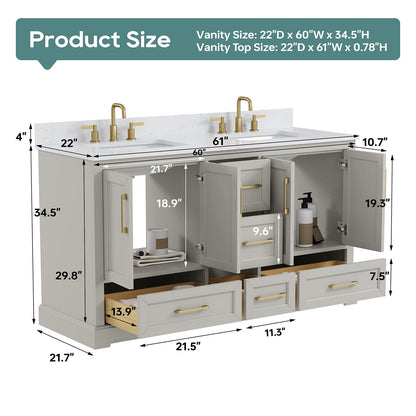 DELUXE LIVING 60 Inch Bathroom Vanity with Double Sink Combo, Solid Wood Frame with Mable Top &Backspalsh, Fully-Assembled with Soft-Closing Doors & 5 Drawers, Greige