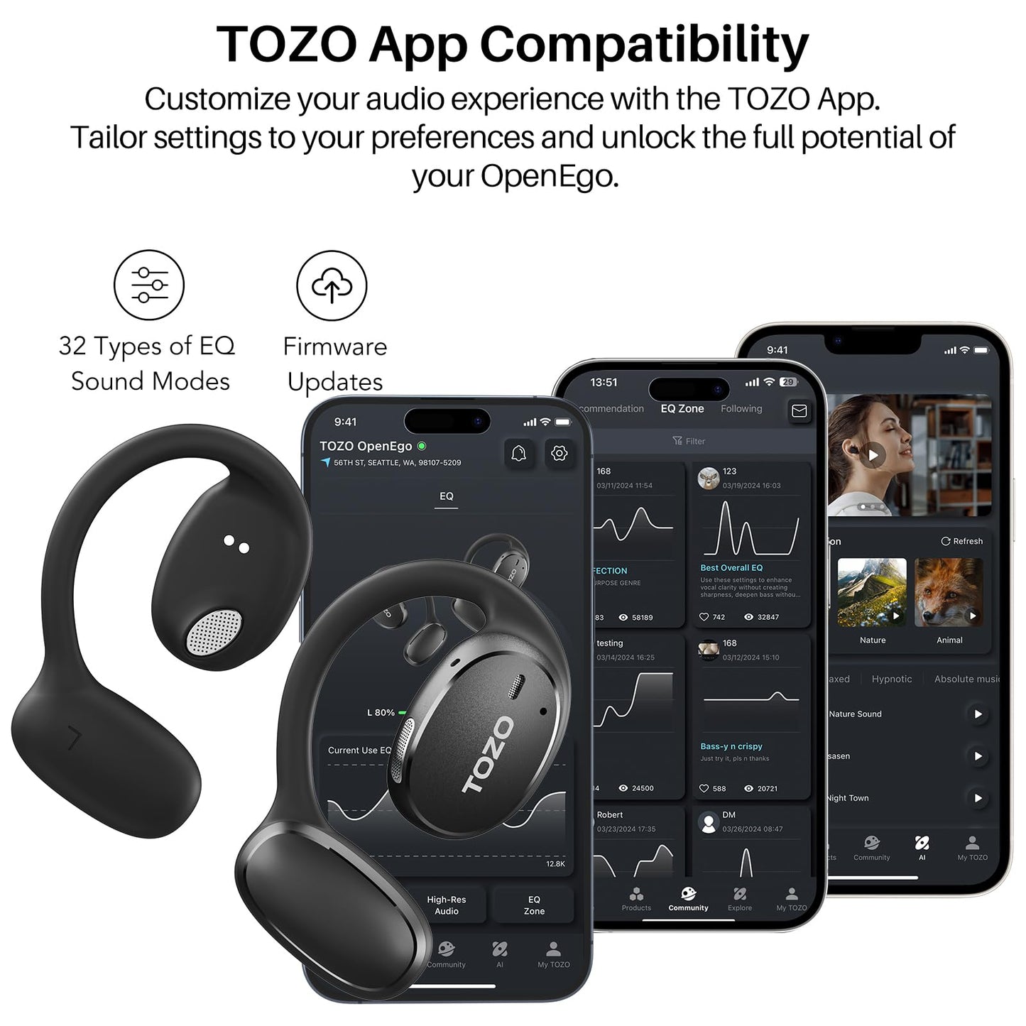 TOZO OpenEgo Open Ear Earbuds Bluetooth Headphones, 5.3 Bluetooth Sport Earbuds with Earhooks for 80Hrs Playtime,32 EQ Modes, Digital Display, Clear Calls, Comfortable Wear for Running, Work, Black